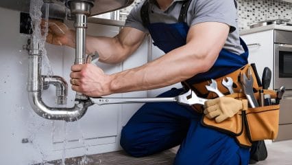 Plumber repairing pipes beneath a sink in Rocklin