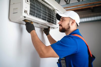 Mini Split AC Installation Rocklin HVAC technician installing a mini split air conditioner in Rocklin